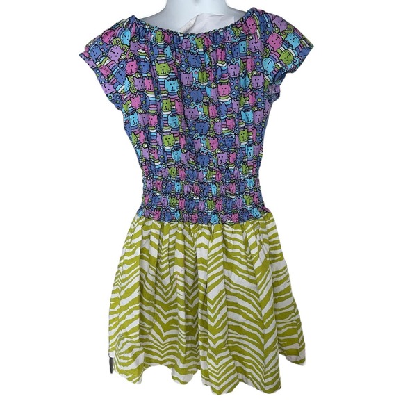 Girls 6 Boutique Bright Colorful Rainbow Cats Lime Green Zebra Print Bow Dress - Picture 3 of 3